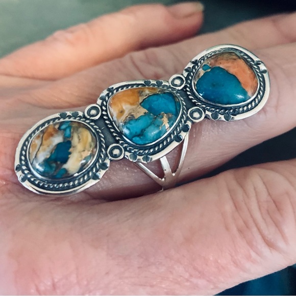 Huge Spiny Turquoise Bold 3 Stone Ring in Sterling Silver 9 Grams 2.50 ctw NWT - Picture 2 of 8